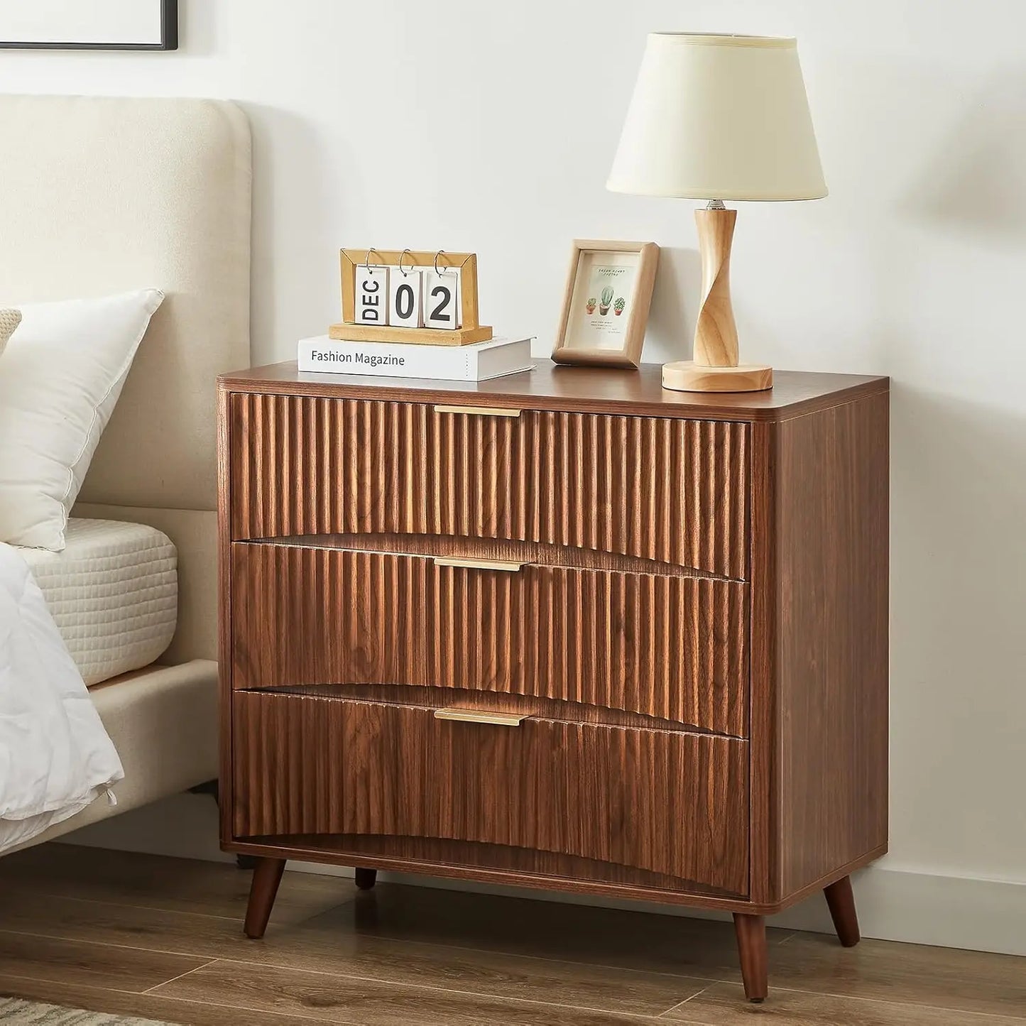 Oversized Nightstands Set of 2 31.5\" Walnut Fluted Tall Large 3 Drawer