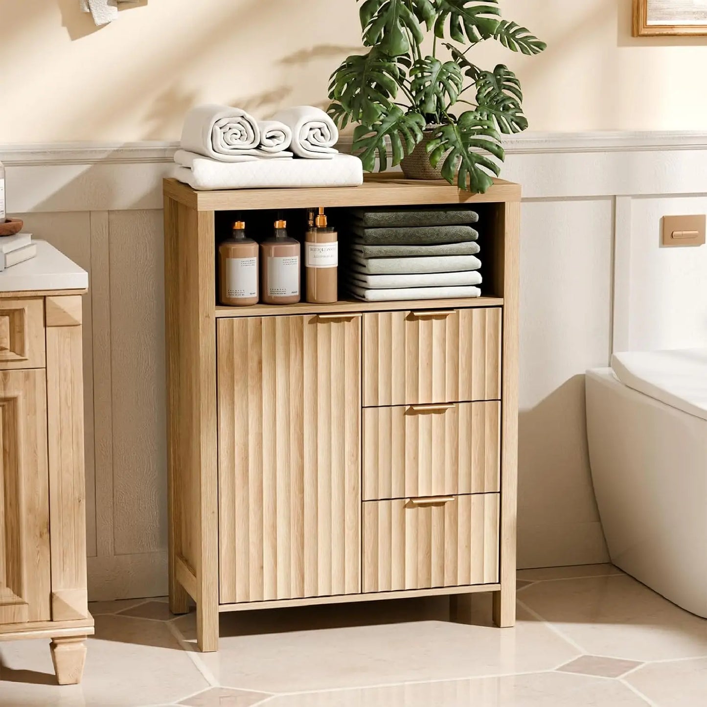 Storage Cabinet with Fluted Door and 3 Drawers