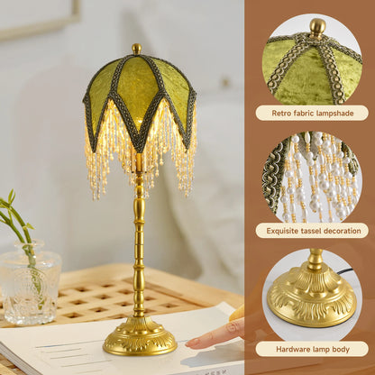 WELAISA Vintage Tasselled Table Lamp with Beaded Shade
