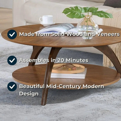 Round Wood Coffee Table with Lower Shelf,Cocktail Table for Living Room or Den. Caramel Brown with Walnut Brown Legs, Customized