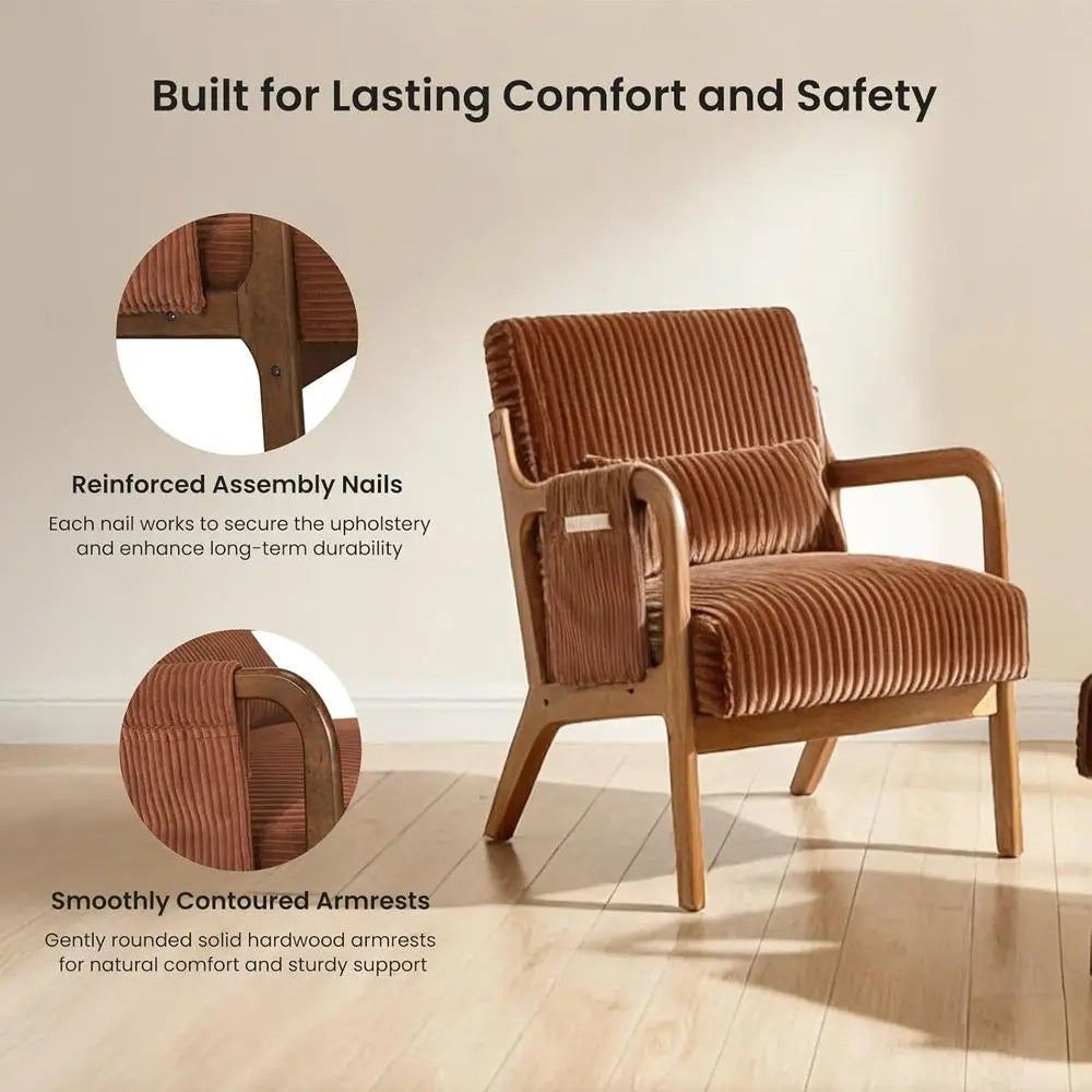 Upholstered Armchair with Lumbar Pillow and Solid Wood