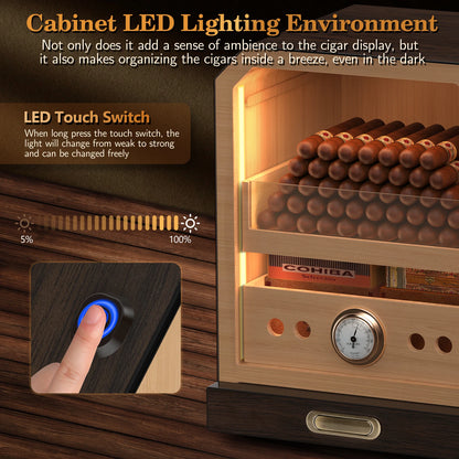Cigar Humidor Lighted Control Magnetic Door Desktop Cigar Cabinet, Accessory Drawer and 2 humidifiers