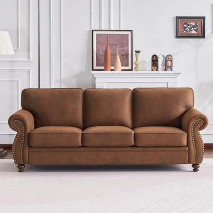 Mid-Century Vintage 3-Seater Sofa Rivet Design Removable Cover Upholstered Cushions