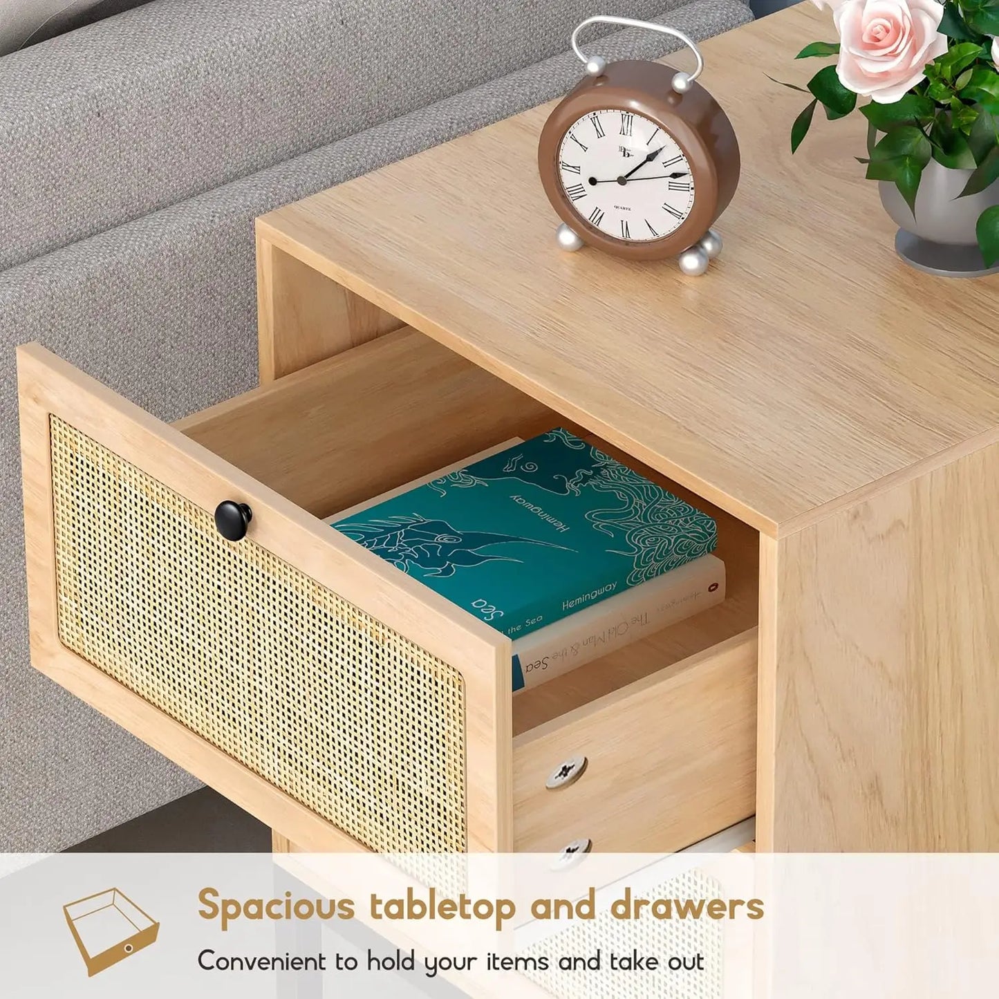 Natural Rattan Nightstand Set of 2, Boho Night Stand with Drawers