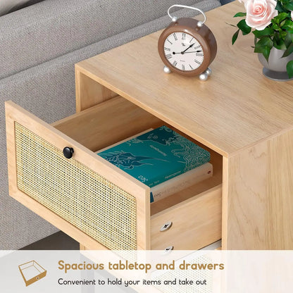Natural Rattan Nightstand Set of 2, Boho Night Stand with Drawers