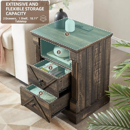 Farmhouse Night Stand with Charging Station set of 2, 18" Wide