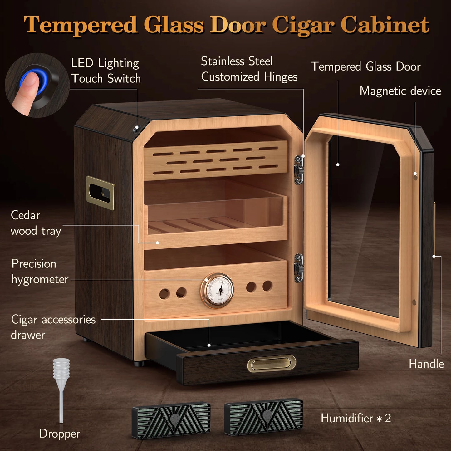 Cigar Humidor Lighted Control Magnetic Door Desktop Cigar Cabinet, Accessory Drawer and 2 humidifiers