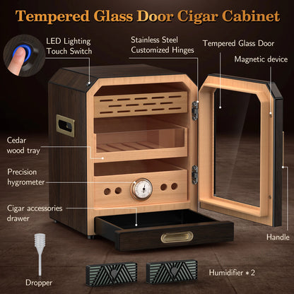 Cigar Humidor Lighted Control Magnetic Door Desktop Cigar Cabinet, Accessory Drawer and 2 humidifiers