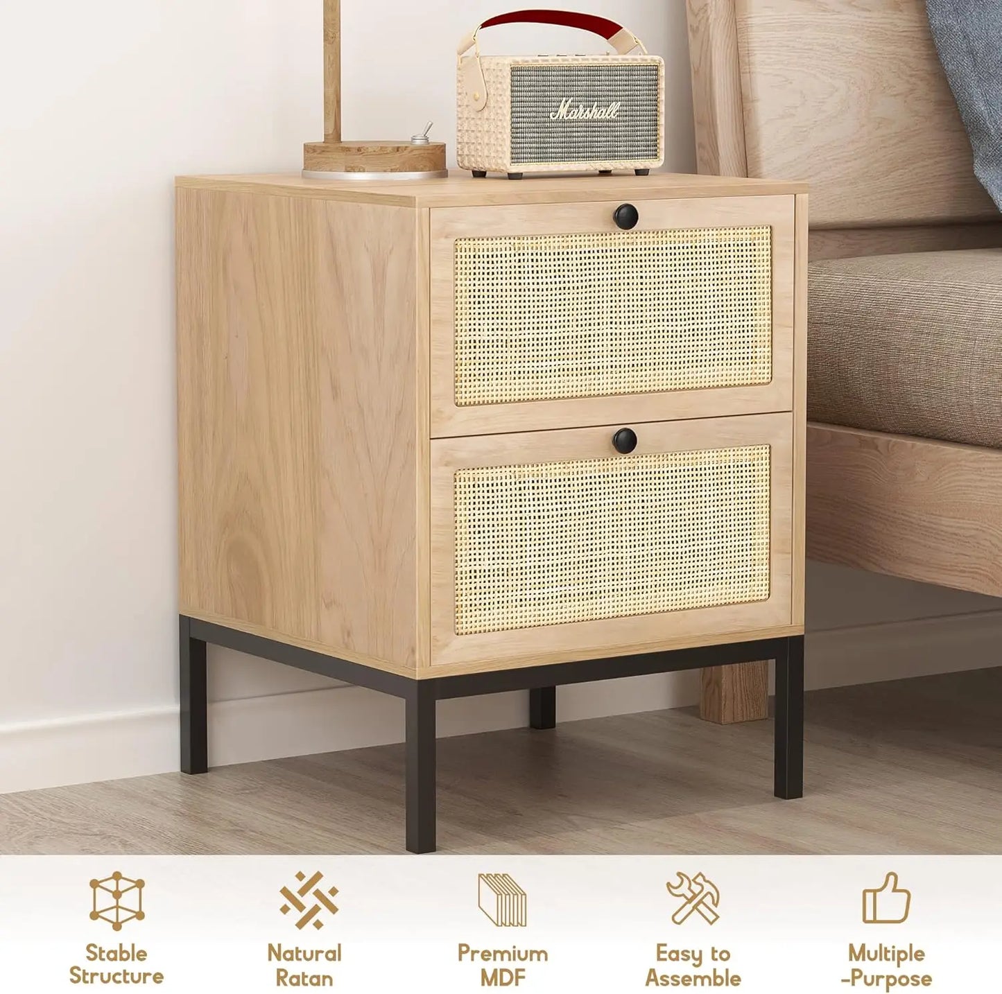 Natural Rattan Nightstand Set of 2, Boho Night Stand with Drawers
