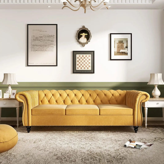 Roll Arm Classic Tufted Chesterfield Settee Velvet Sofa with Channel