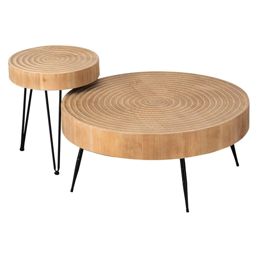 2-Piece Round Nesting Coffee Table Set, Natural Wood Top with Black Metal Legs