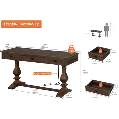 60-inch Vintage Wood Home Office Desk with Stable Solid Wood Pedestral Legs