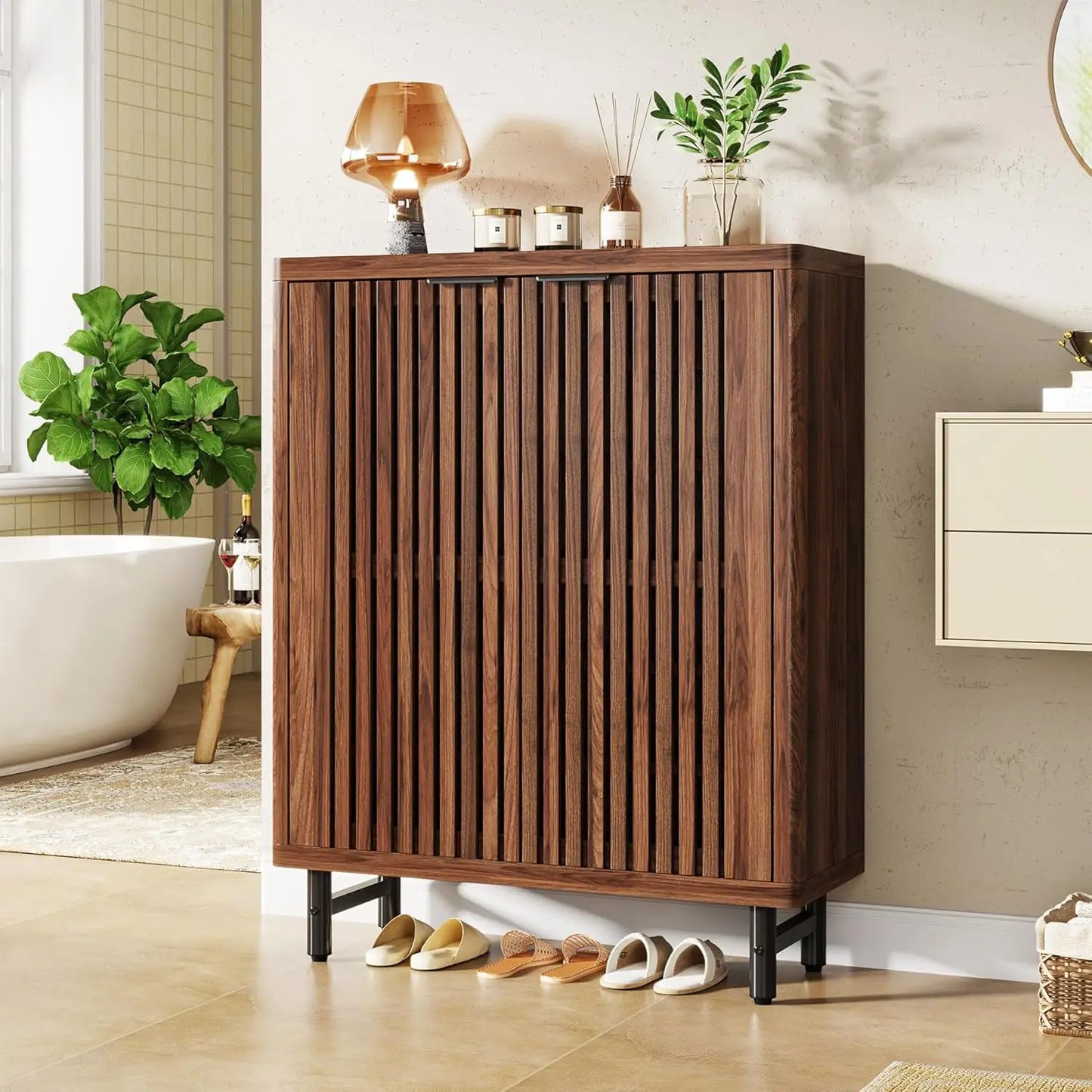 6-Tier Bathroom Floor Cabinet with 2 Shutter Doors
