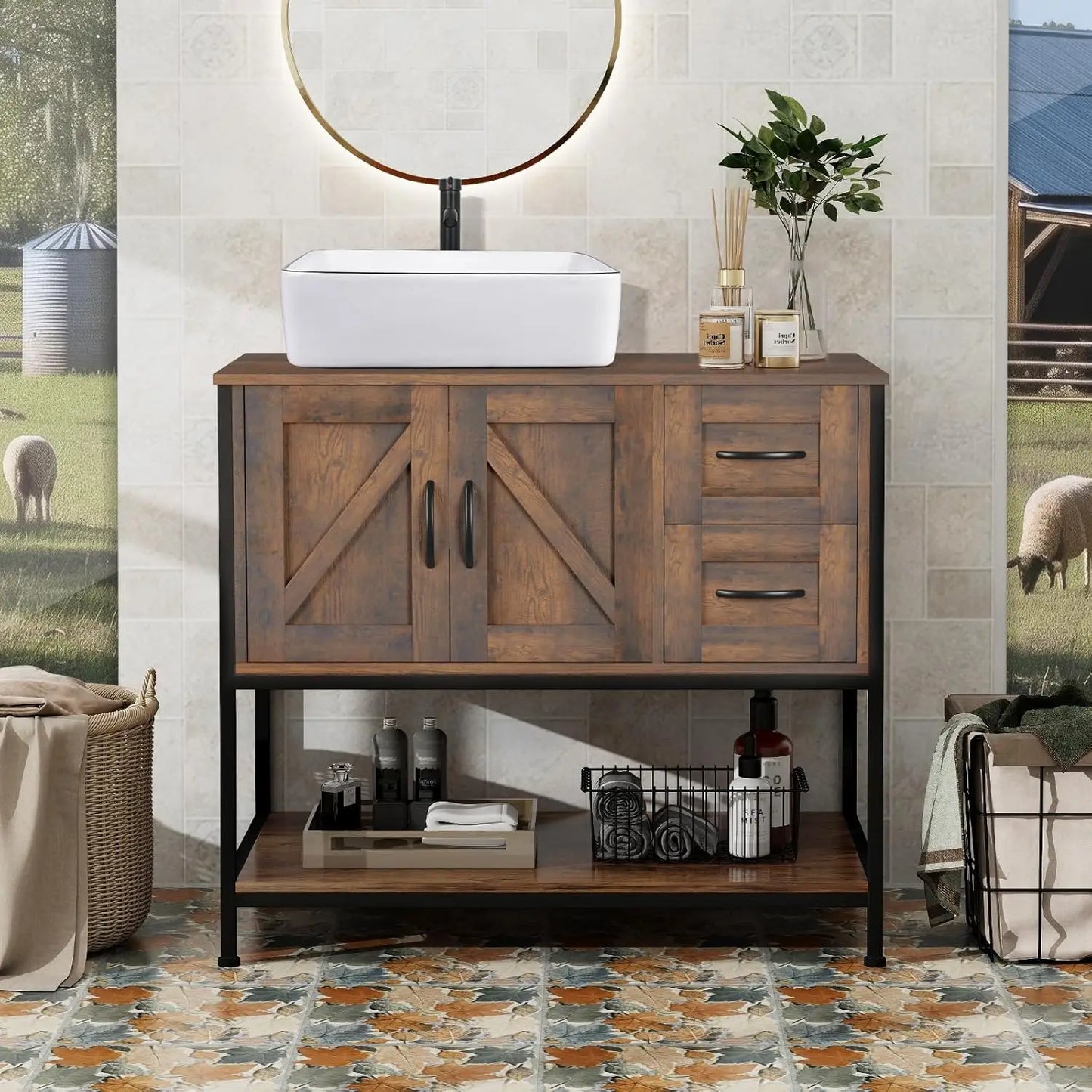 Rustic Farmhouse Bathroom Vanity with Ceramic Vessel Sink Combo Cabinet