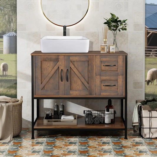 Rustic Farmhouse Bathroom Vanity with Ceramic Vessel Sink Combo Cabinet