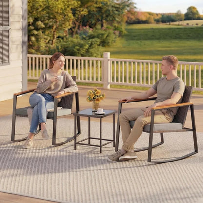 3 Pieces Rocking Patio Bistro Set with Anti-Scald Armrest