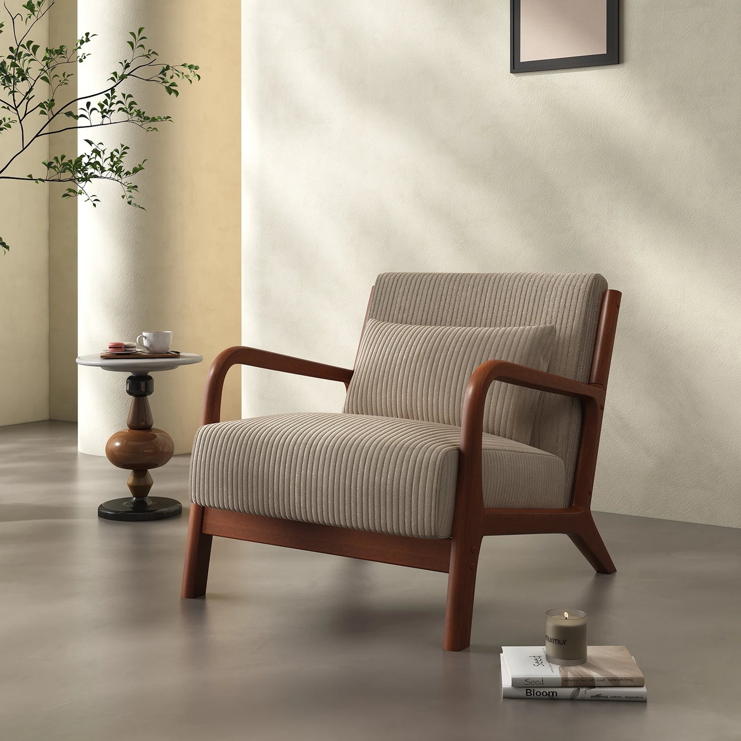 Mid Century Modern Accent Chair, Comfy Fabric Reading Chair with Solid Wood Frame