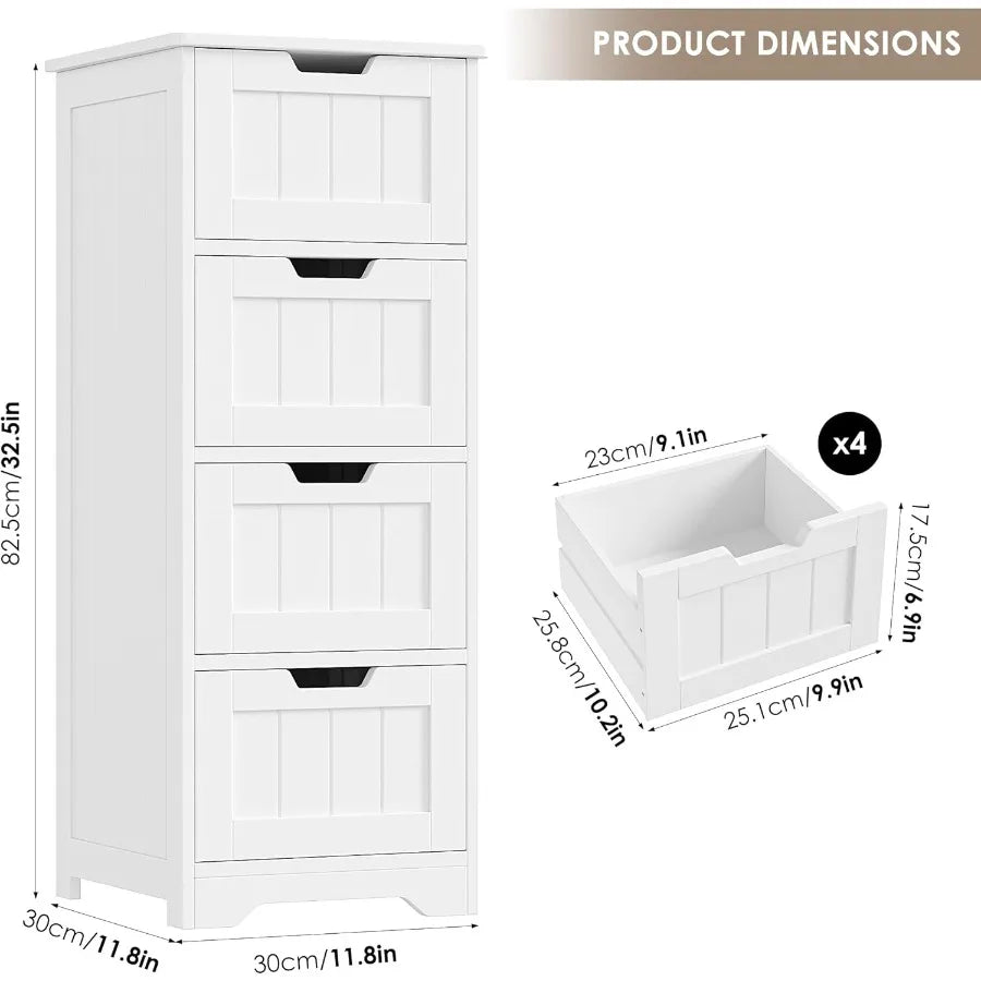 Bathroom Storage Cabinet, Bathroom Cabinet With 4 Drawers, 11.8” X 11.8” X 32.5”