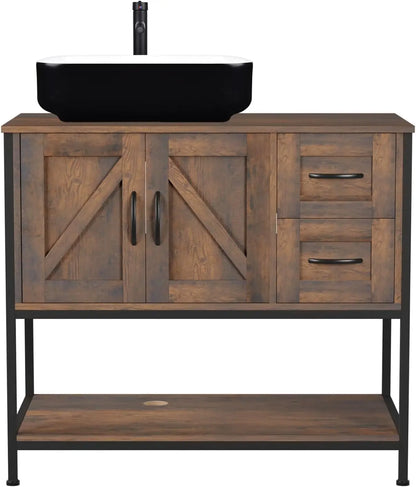 Rustic Farmhouse Bathroom Vanity with Ceramic Vessel Sink Combo Cabinet
