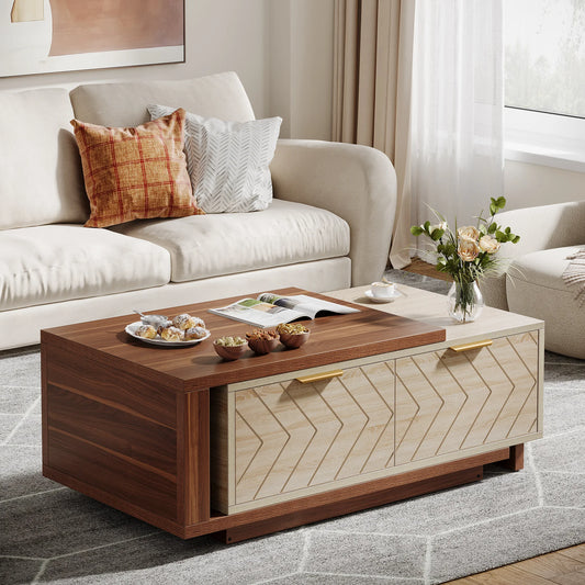 Extendable Coffee Table, 42"-65" Length Adjustable Reversible Wood Coffee Table with 2 Storage Drawers