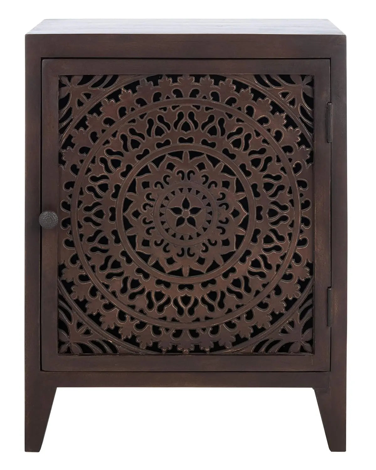 Thea Brown Carved Mandala 1-Door Storage Nightstand, Fully Assembled, Boho Accent Side Table