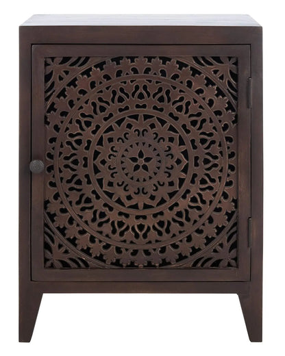 Thea Brown Carved Mandala 1-Door Storage Nightstand, Fully Assembled, Boho Accent Side Table