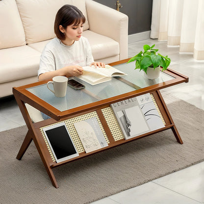 Rattan Coffee Tables for Living Room, Mid Century Modern Coffee Table with Glass Top, Large Boho Center Table with Storage