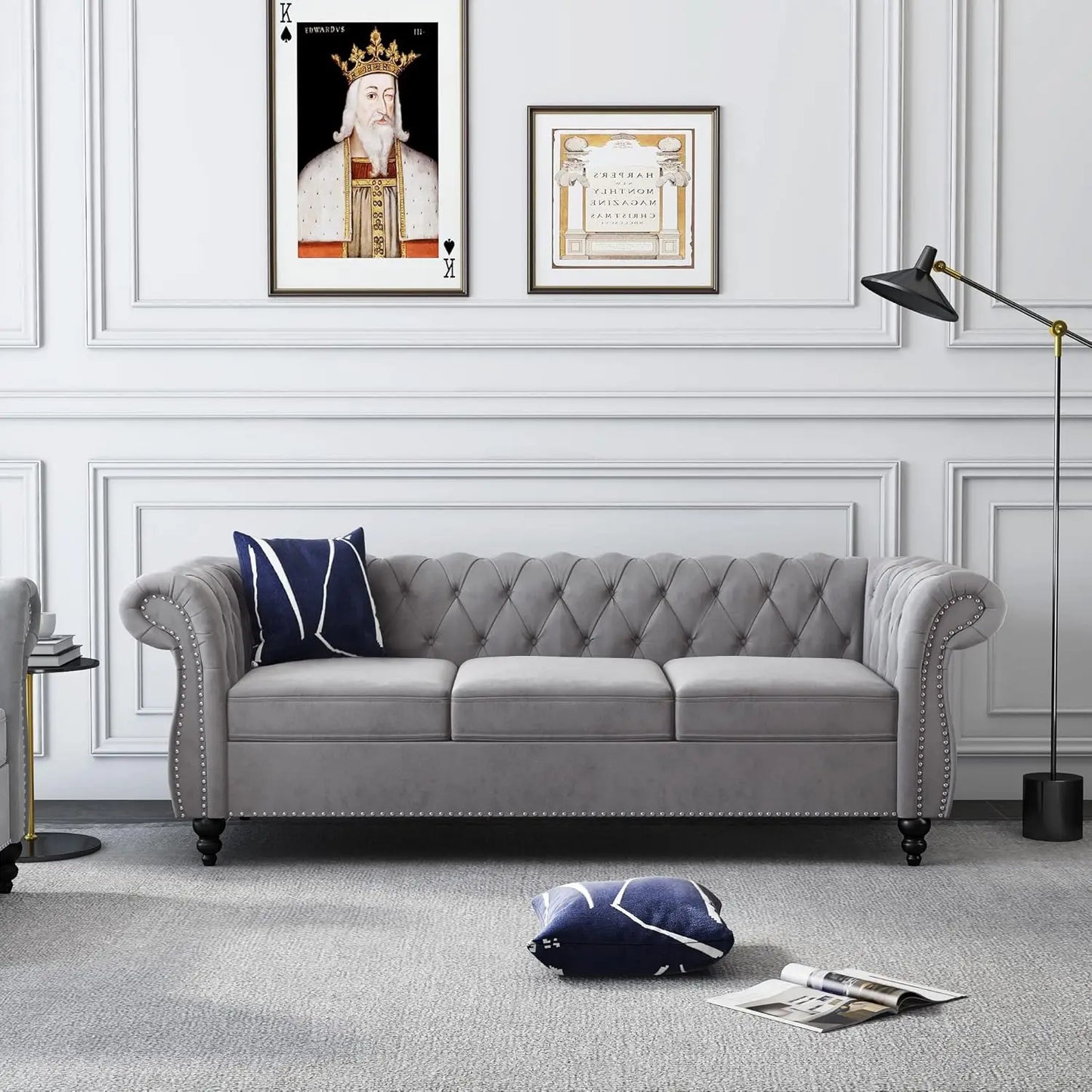 Roll Arm Classic Tufted Chesterfield Settee Velvet Sofa with Channel
