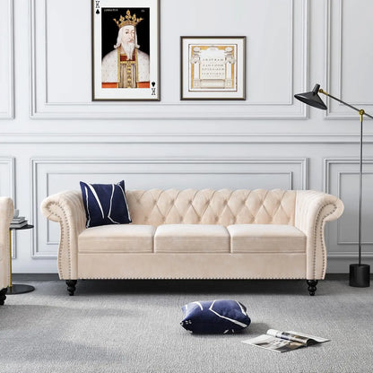 Roll Arm Classic Tufted Chesterfield Settee Velvet Sofa with Channel