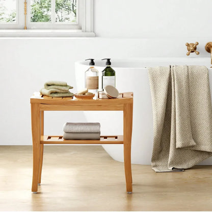 Bamboo Shower Bench, Waterproof Shower Stool With Storage Shelf