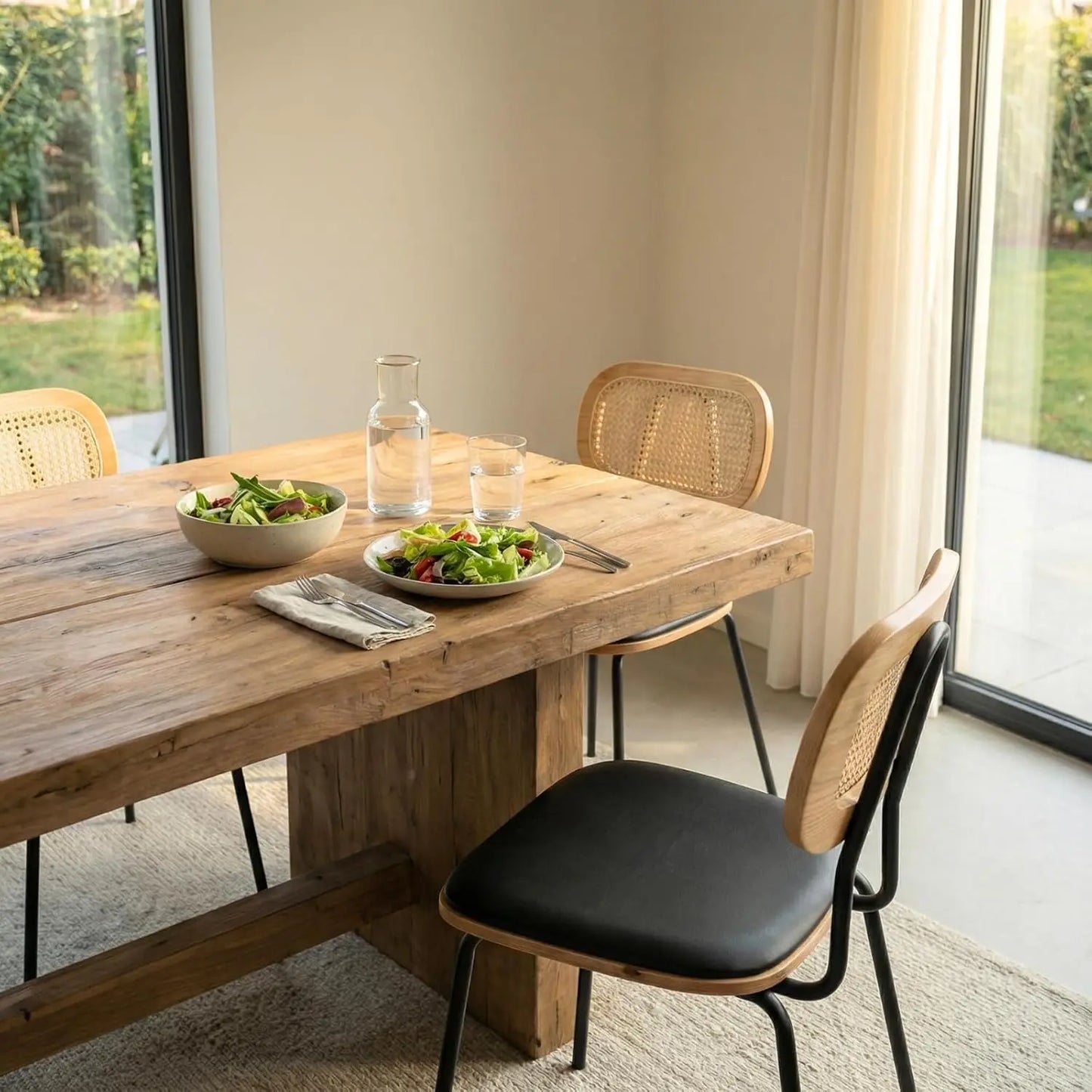 Mid-Century Dining Chairs Set of 2, PU Leather with Rattan Backrest