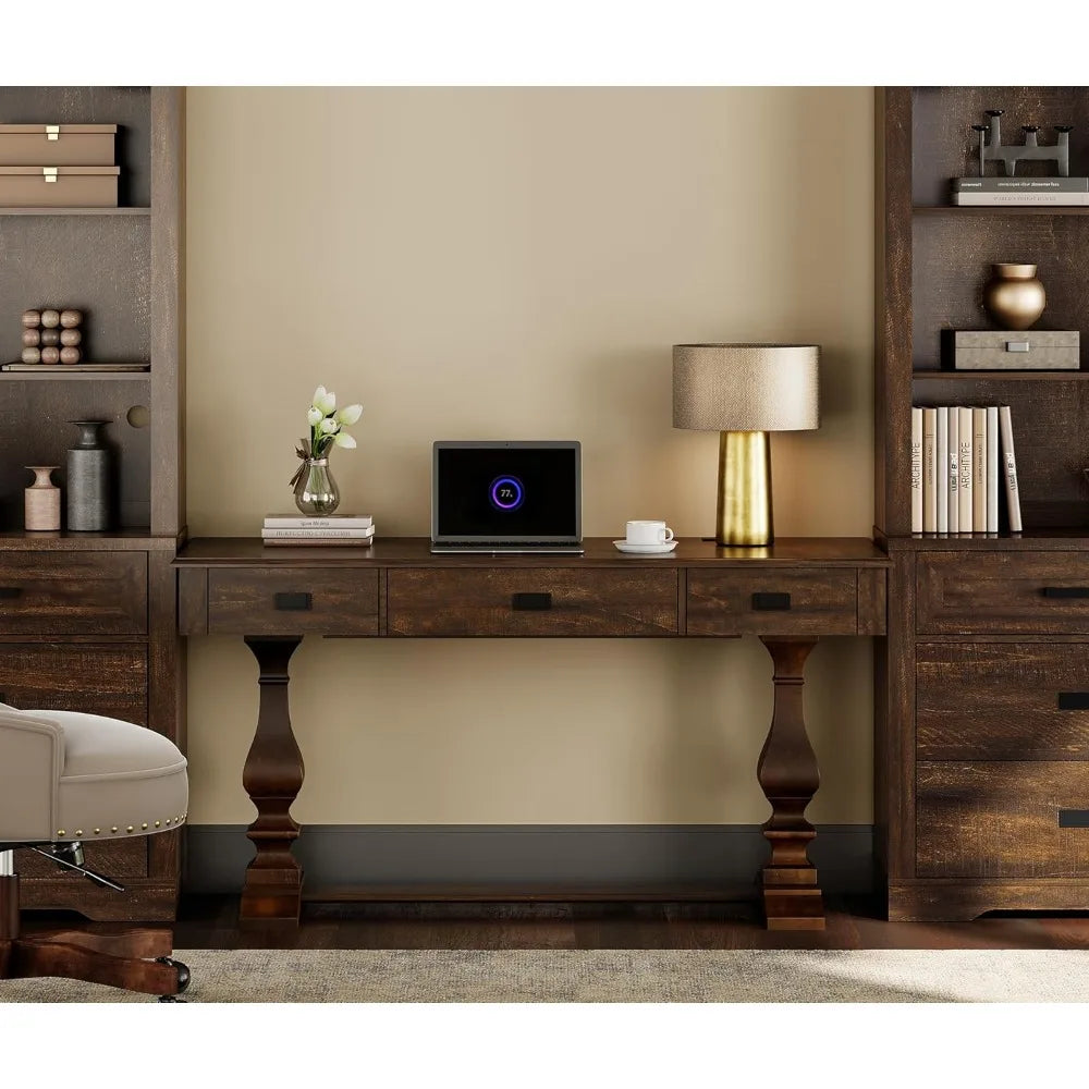 60-inch Vintage Wood Home Office Desk with Stable Solid Wood Pedestral Legs