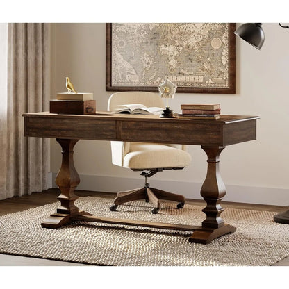 60-inch Vintage Wood Home Office Desk with Stable Solid Wood Pedestral Legs