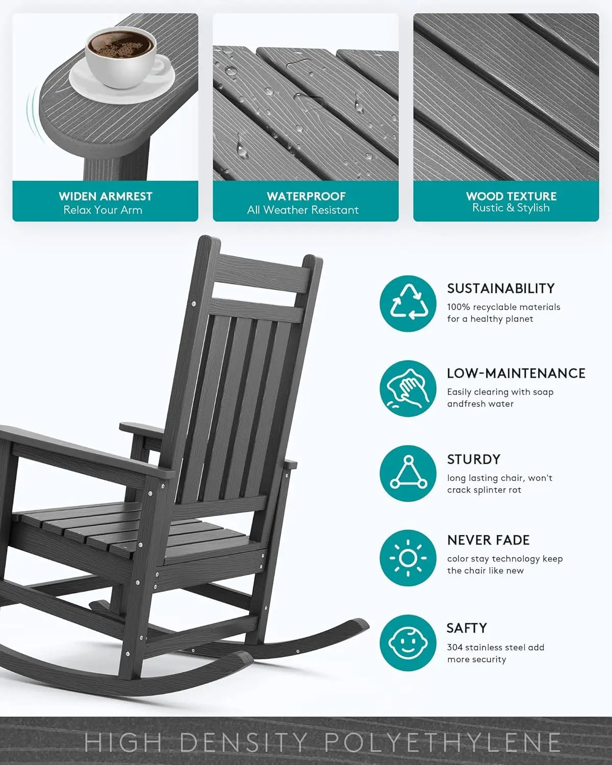 Outdoor Rocking Chair Set of 2, HDPE Rocking Chairs for Adult