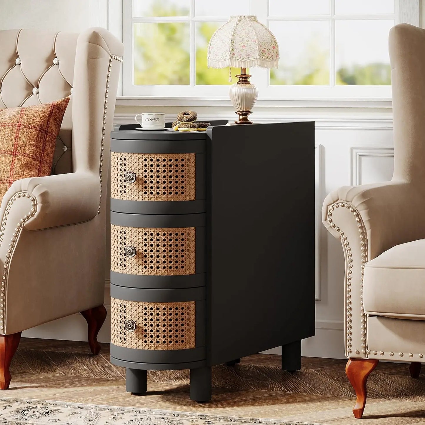 Solid Wood Sofa Side Table with Vintage Embossed Handles