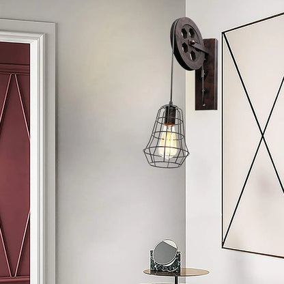 Industrial Wall Sconce Lights Lift Pulley Vintage Farmhouse Mid Century Wall Light with Iron Cage Lampshade for Indoor Lighting