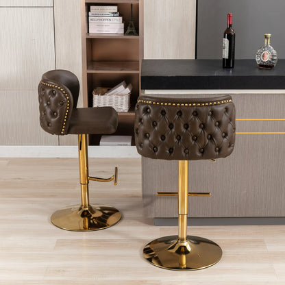 2 Piece Swivel Bar Chairs PU Upholstered Counter Stools with Gold Nailheads and Base Adjustable Height 25" to 33" Barstools