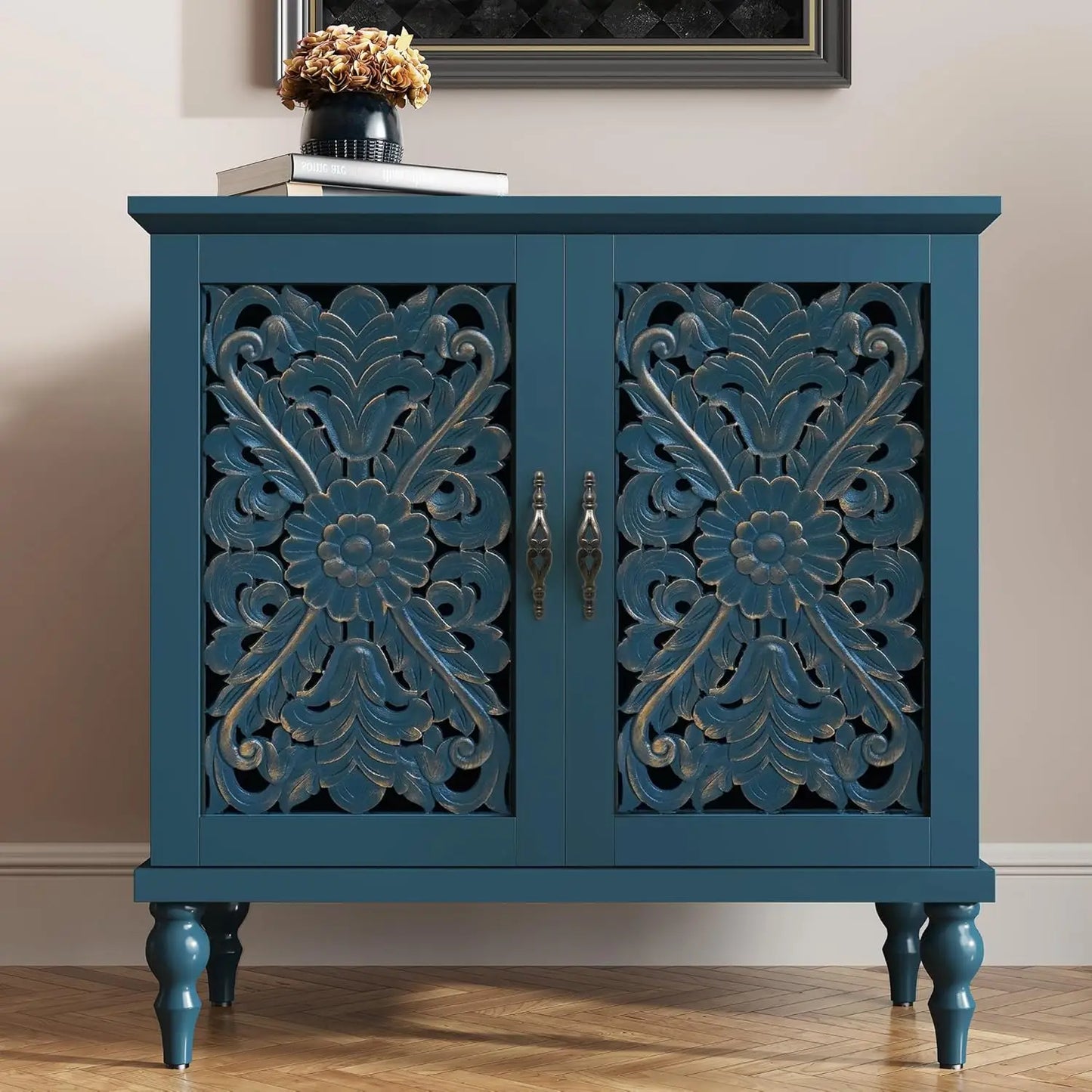 Accent Cabinet with 2 Doors, Vintage Carved Wood Storage Cabinet