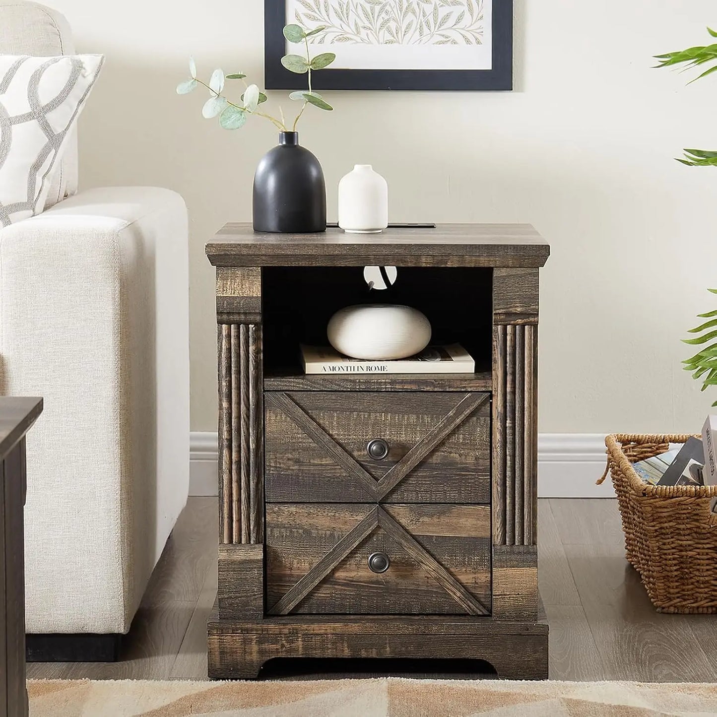 Farmhouse Night Stand with Charging Station set of 2, 18" Wide