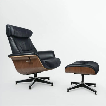 Modern Reclining Swivel Lounge Chair Walnut Black Genuine leather Ottoman include