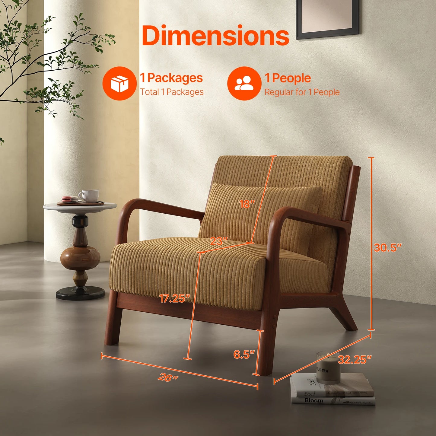 Mid Century Modern Accent Chair, Comfy Fabric Reading Chair with Solid Wood Frame