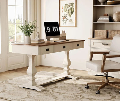 60-inch Vintage Wood Home Office Desk with Stable Solid Wood Pedestral Legs