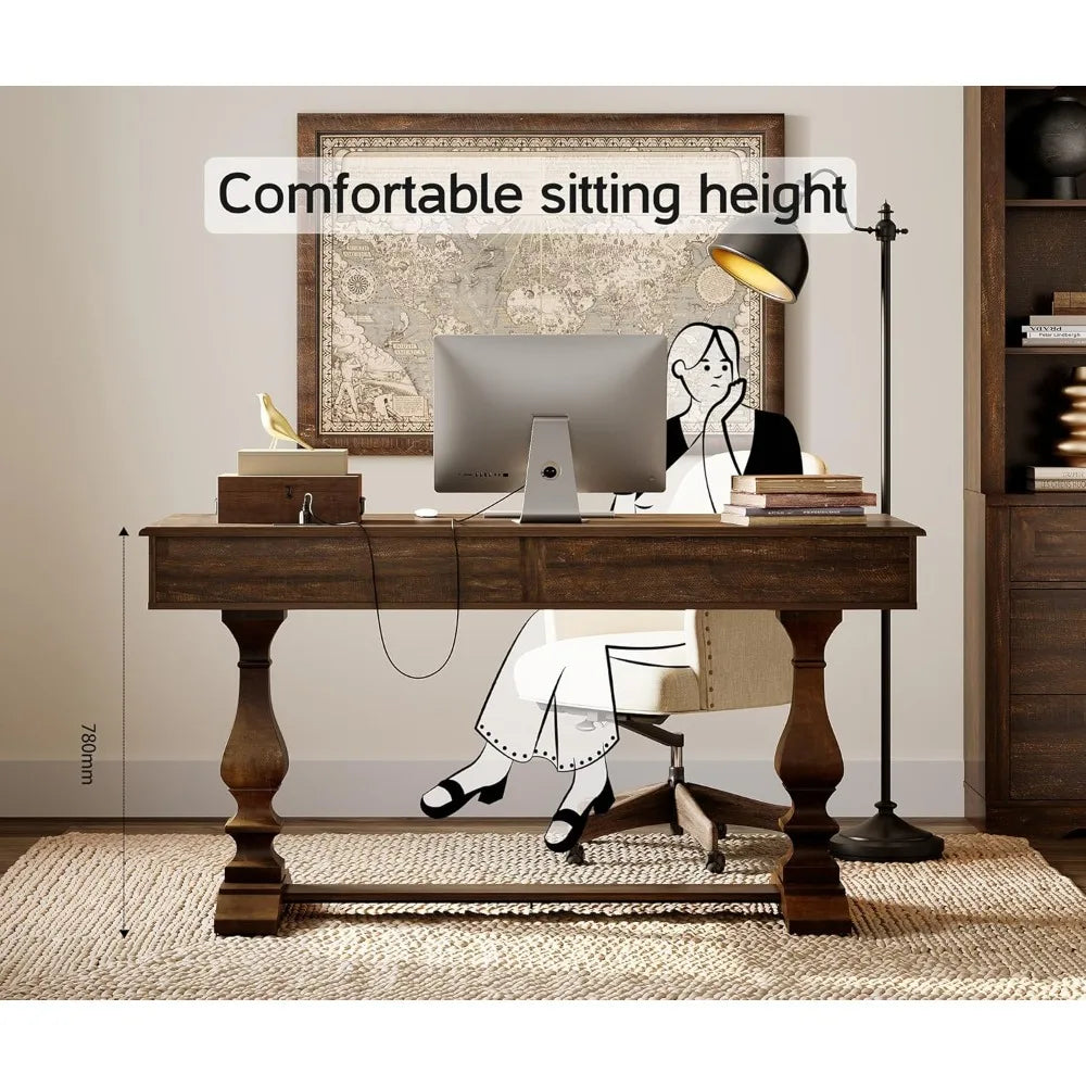 60-inch Vintage Wood Home Office Desk with Stable Solid Wood Pedestral Legs
