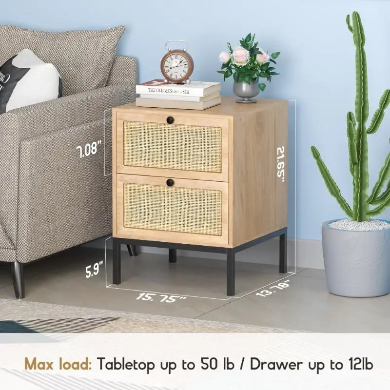 Natural Rattan Nightstand Set of 2, Boho Night Stand with Drawers