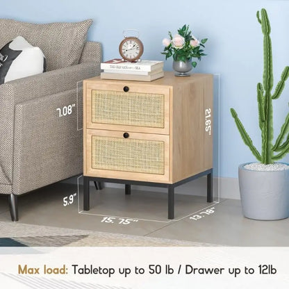 Natural Rattan Nightstand Set of 2, Boho Night Stand with Drawers