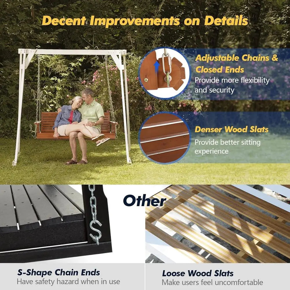 Heavy-Duty 880lbs Wooden Porch Swing with Hanging Chains for Courtyard and Garden (Brown)