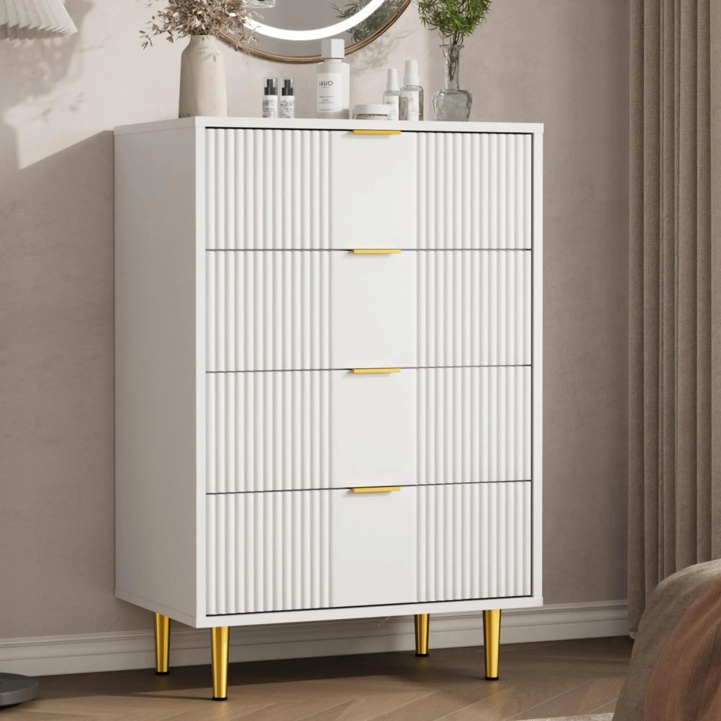 Fluted Dresser for Bedroom with 4 Drawers, 36.85" Tall with Metal Handle