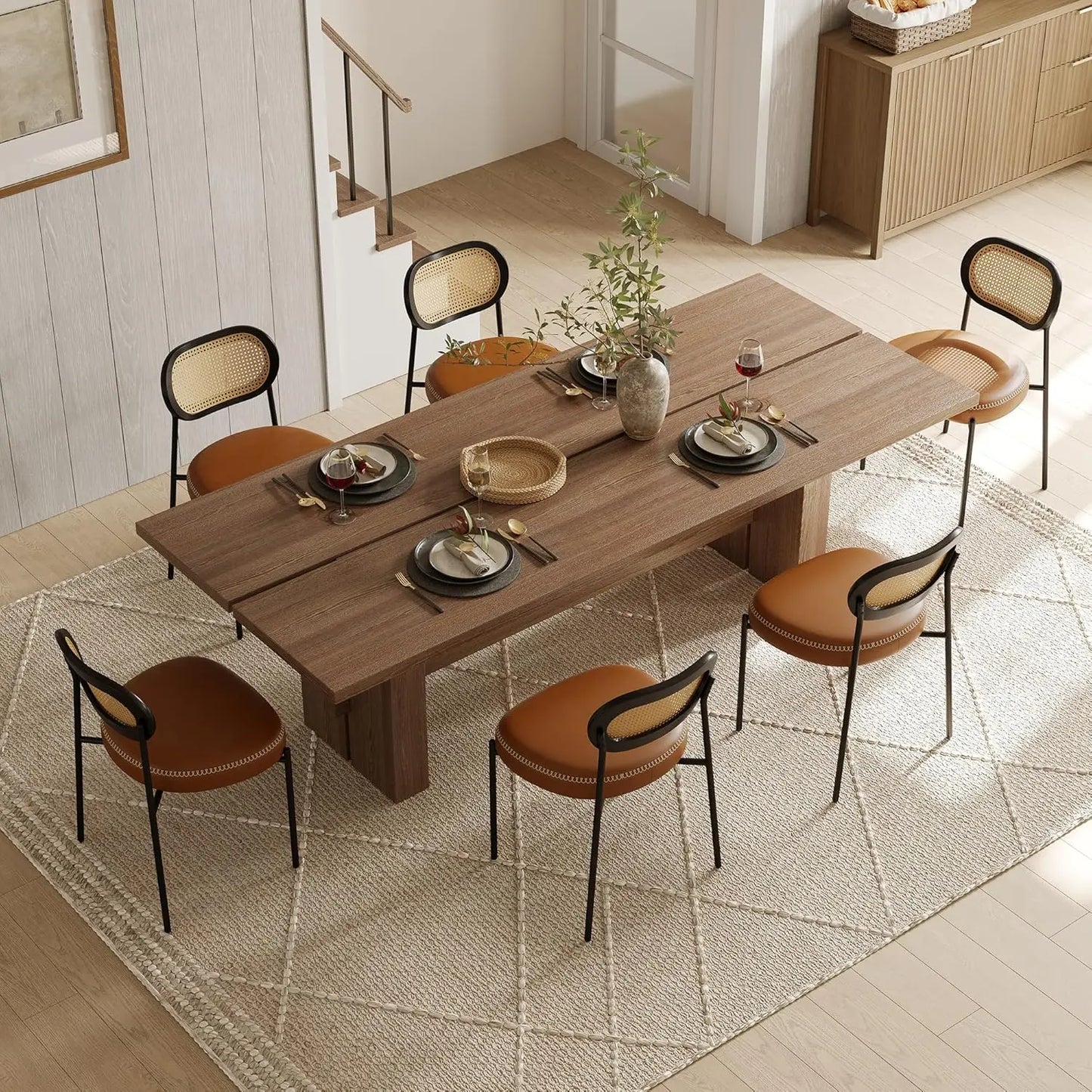 Rattan Dining Chairs Set of 6, PU Leather Upholstered Dining Chairs with Rattan Cane Back, Mid Century Modern