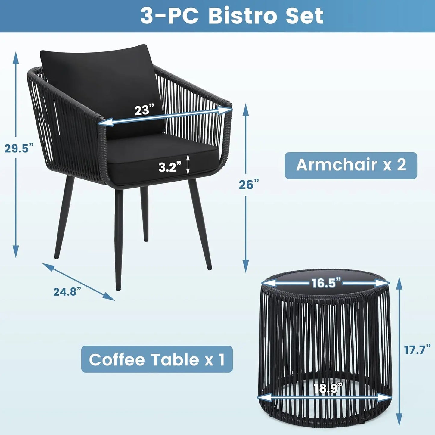 3 Pieces Patio Rattan Bistro Conversation Set