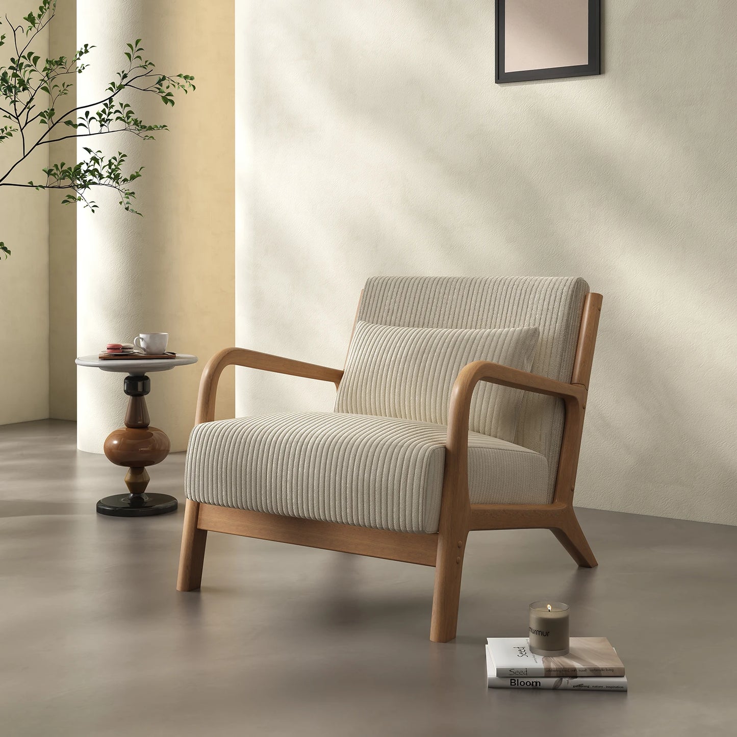 Mid Century Modern Accent Chair, Comfy Fabric Reading Chair with Solid Wood Frame